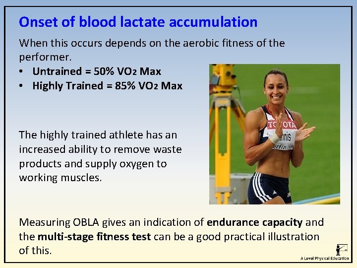 Onset of blood lactate accumulation When this occurs depends on the aerobic fitness of