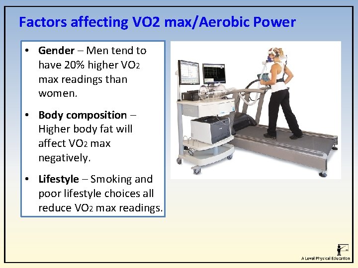 Factors affecting VO 2 max/Aerobic Power • Gender – Men tend to have 20%
