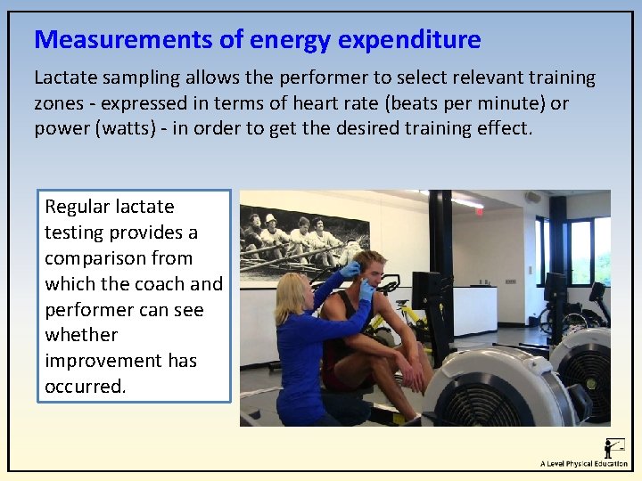 Measurements of energy expenditure Lactate sampling allows the performer to select relevant training zones