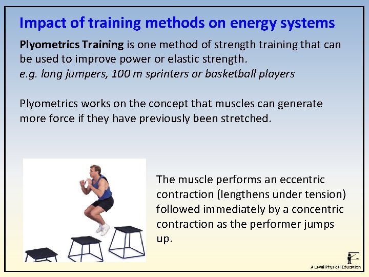Impact of training methods on energy systems Plyometrics Training is one method of strength