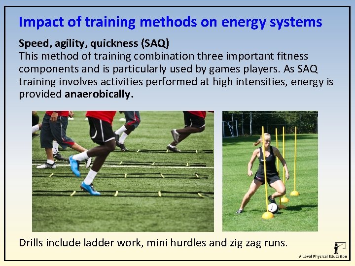 Impact of training methods on energy systems Speed, agility, quickness (SAQ) This method of