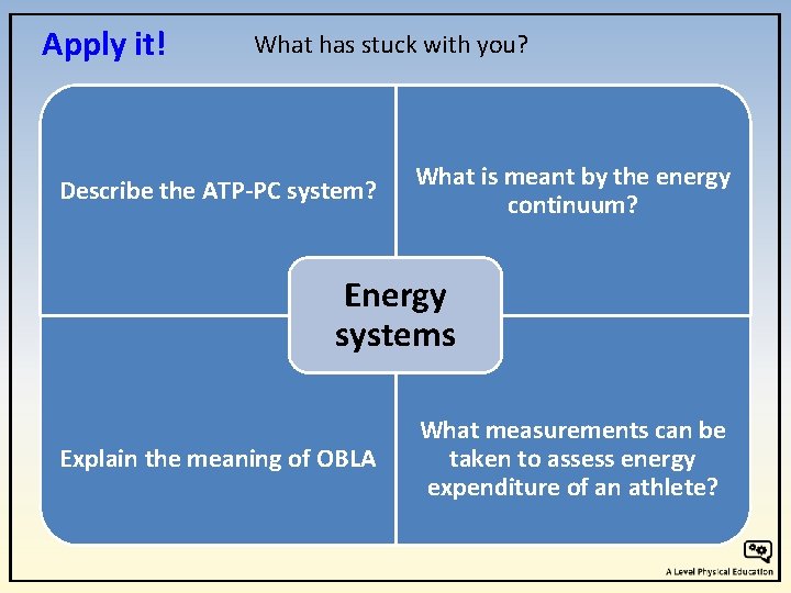 Apply it! What has stuck with you? Describe the ATP-PC system? What is meant