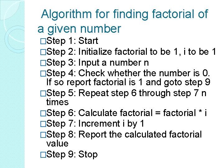 Algorithm for finding factorial of a given number �Step 1: Start �Step 2: Algorithm for finding factorial of a given number �Step 1: Start �Step 2: