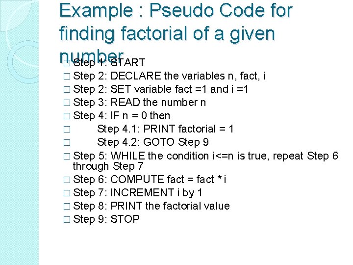 Example : Pseudo Code for finding factorial of a given number � Step 1: Example : Pseudo Code for finding factorial of a given number � Step 1: