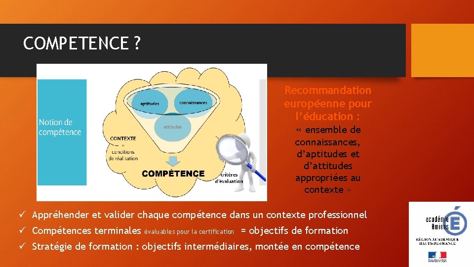 COMPETENCE ? Recommandation européenne pour l’éducation : « ensemble de connaissances, d’aptitudes et d’attitudes