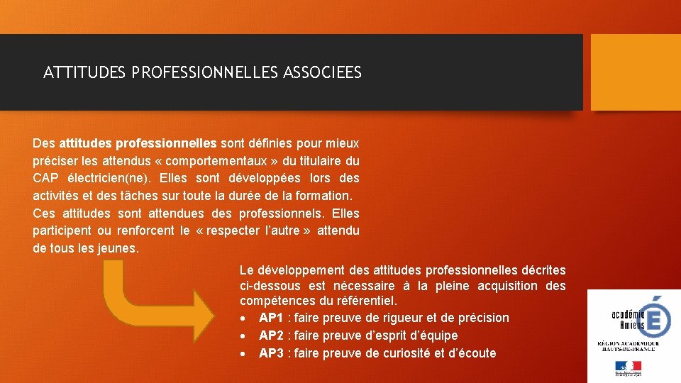 ATTITUDES PROFESSIONNELLES ASSOCIEES Des attitudes professionnelles sont définies pour mieux préciser les attendus «