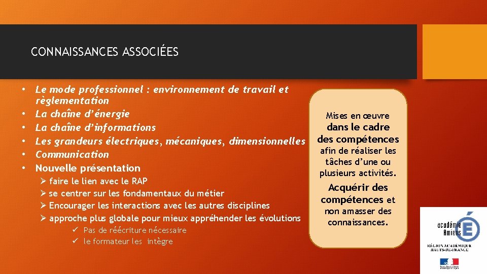 CONNAISSANCES ASSOCIÉES • Le mode professionnel : environnement de travail et règlementation • La