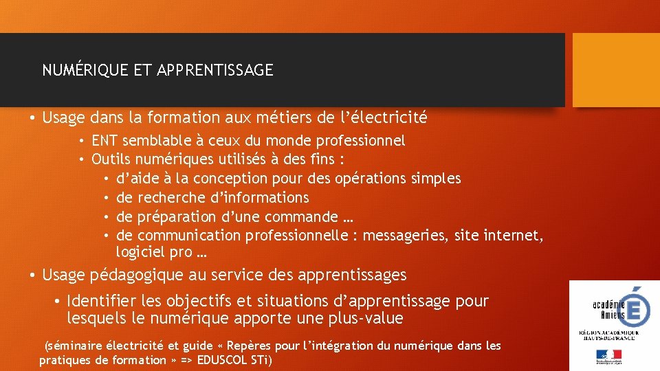 NUMÉRIQUE ET APPRENTISSAGE • Usage dans la formation aux métiers de l’électricité • ENT