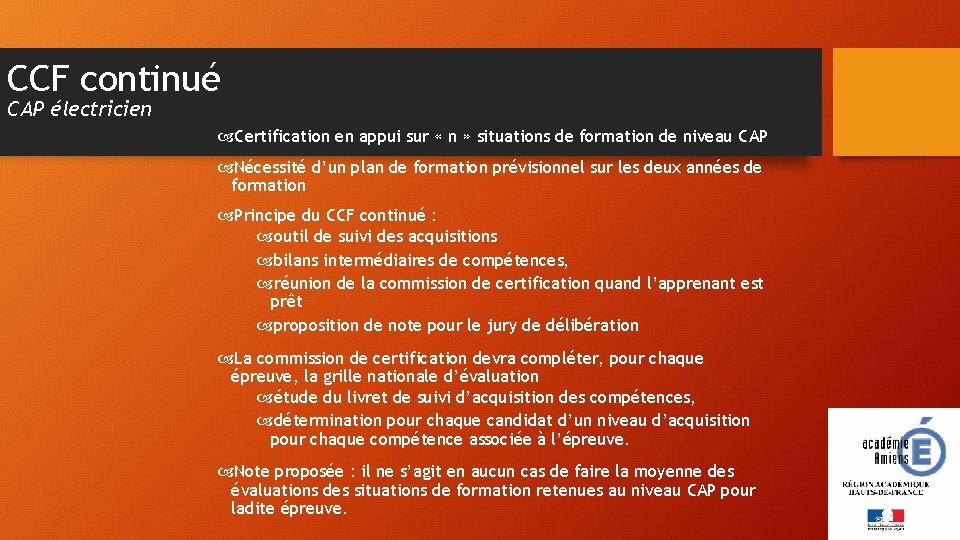 CCF continué CAP électricien Certification en appui sur « n » situations de formation