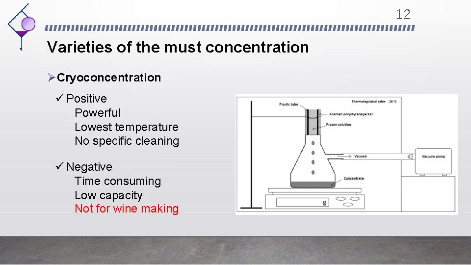 12 Varieties of the must concentration ØCryoconcentration ü Positive Powerful Lowest temperature No specific