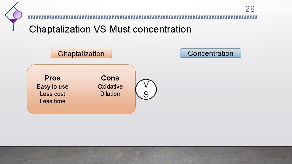 28 Chaptalization VS Must concentration Chaptalization Pros Cons Easy to use Less cost Less