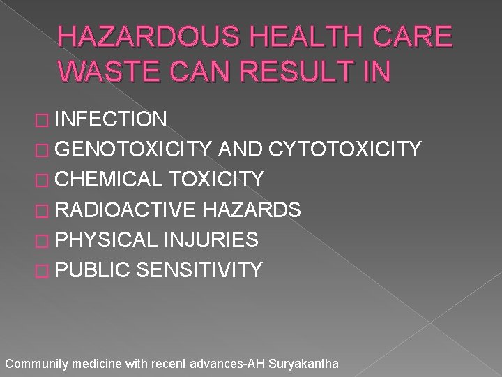 HAZARDOUS HEALTH CARE WASTE CAN RESULT IN � INFECTION � GENOTOXICITY AND CYTOTOXICITY �