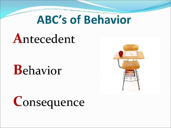 ABC’s of Behavior Antecedent Behavior Consequence 