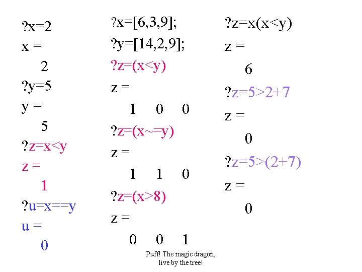 ? x=2 x= 2 ? y=5 y= 5 ? z=x<y z= 1 ? u=x==y