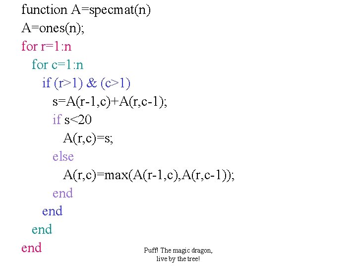 function A=specmat(n) A=ones(n); for r=1: n for c=1: n if (r>1) & (c>1) s=A(r-1,
