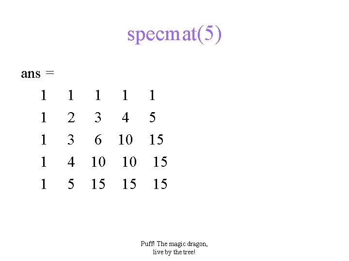 specmat(5) ans = 1 1 1 2 3 4 5 1 1 1 3