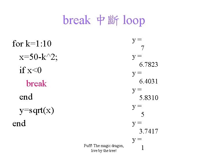 break 中斷 loop for k=1: 10 x=50 -k^2; if x<0 break end y=sqrt(x) end