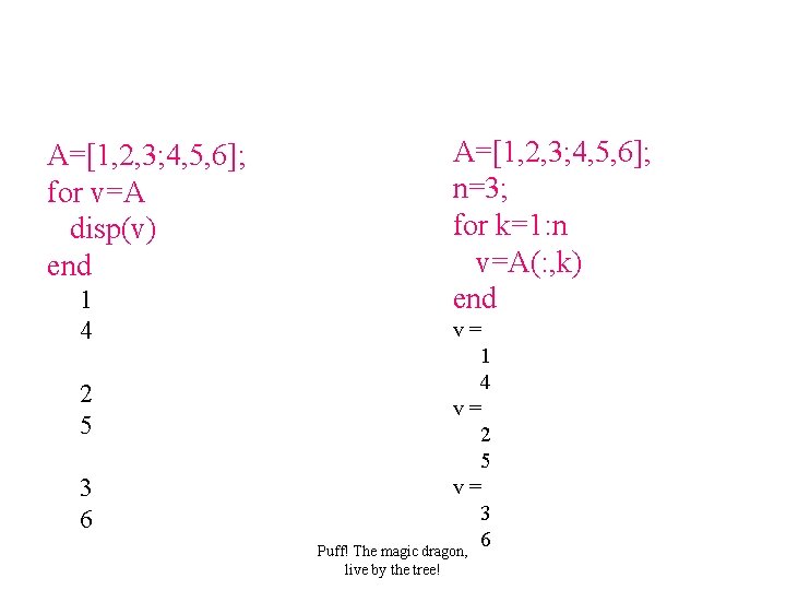 A=[1, 2, 3; 4, 5, 6]; n=3; for k=1: n v=A(: , k) end