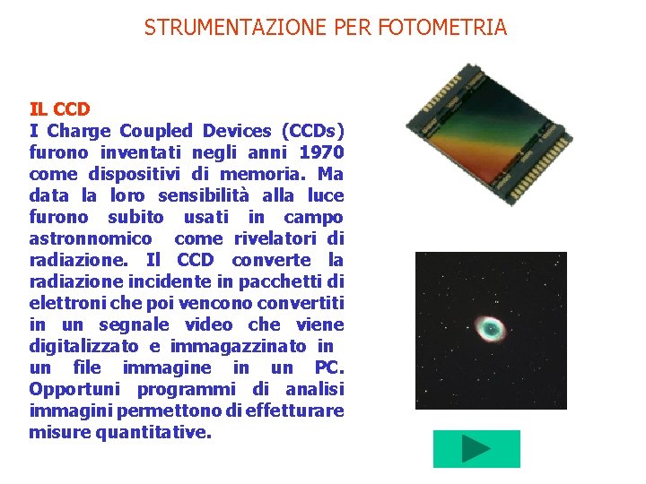 STRUMENTAZIONE PER FOTOMETRIA IL CCD I Charge Coupled Devices (CCDs) furono inventati negli anni