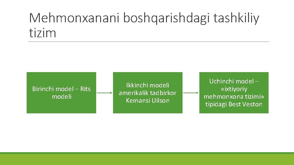 Mehmonxanani boshqarishdagi tashkiliy tizim Birinchi model – Rits modeli Ikkinchi modeli amerikalik tadbirkor Kemansi