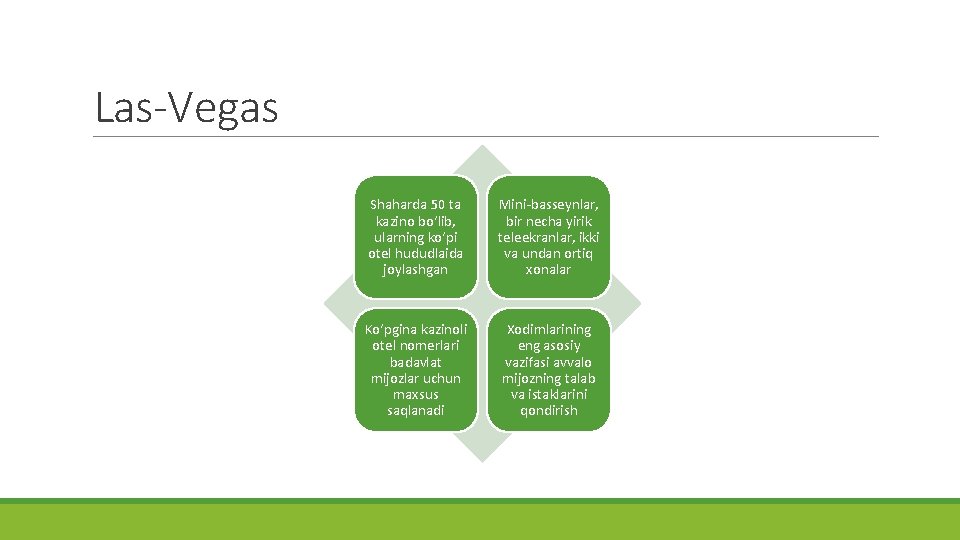 Las-Vegas Shaharda 50 ta kazino bo‘lib, ularning ko‘pi otel hududlaida joylashgan Mini-basseynlar, bir necha