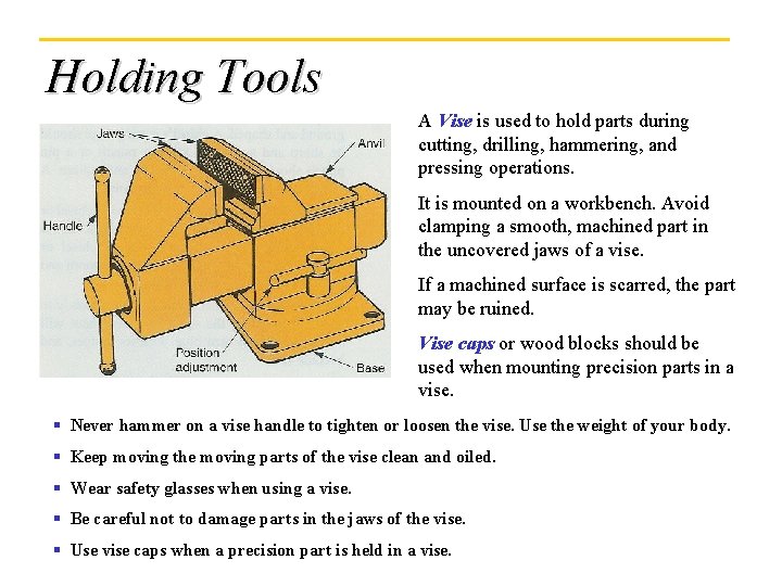 Holding Tools A Vise is used to hold parts during cutting, drilling, hammering, and