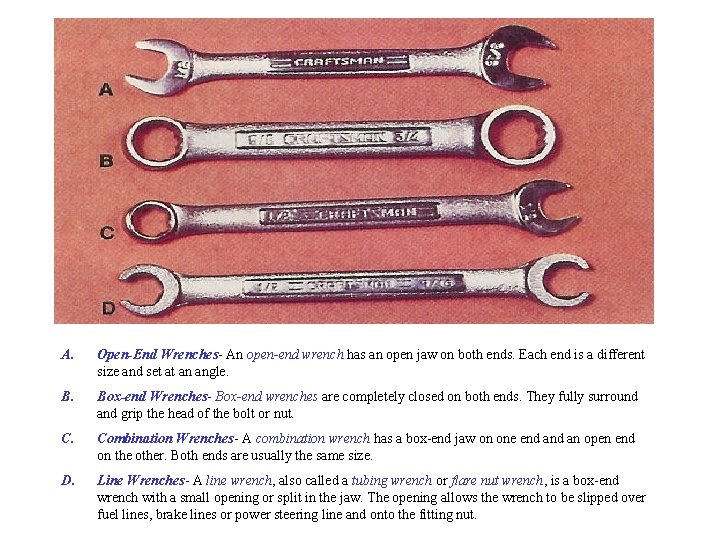 A. Open-End Wrenches- An open-end wrench has an open jaw on both ends. Each