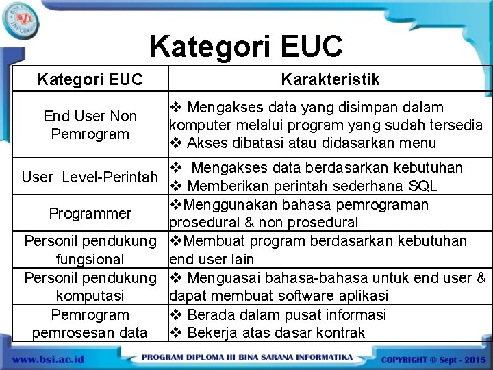 Kategori EUC Karakteristik End User Non Pemrogram v Mengakses data yang disimpan dalam komputer