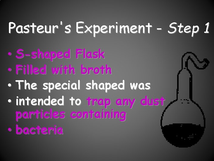 Pasteur's Experiment - Step 1 • S-shaped Flask • Filled with broth • The