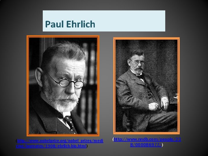 Paul Ehrlich (http: //www. nobelprize. org/nobel_prizes/medi cine/laureates/1908/ehrlich-bio. html) (http: //www. nndb. com/people/23 8/000086977/) 