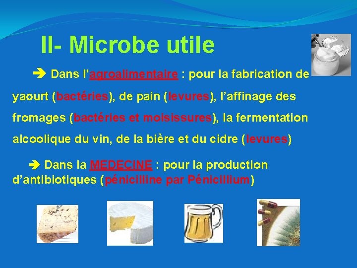 II- Microbe utile Dans l’agroalimentaire : pour la fabrication de yaourt (bactéries), de pain