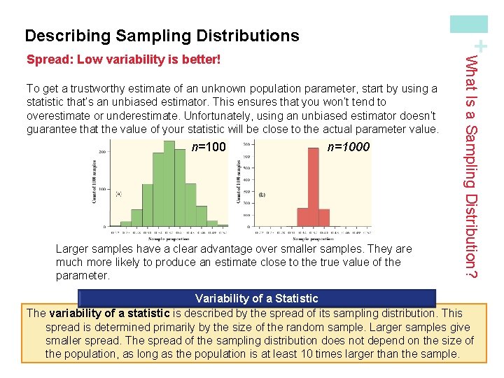 + Describing Sampling Distributions To get a trustworthy estimate of an unknown population parameter,