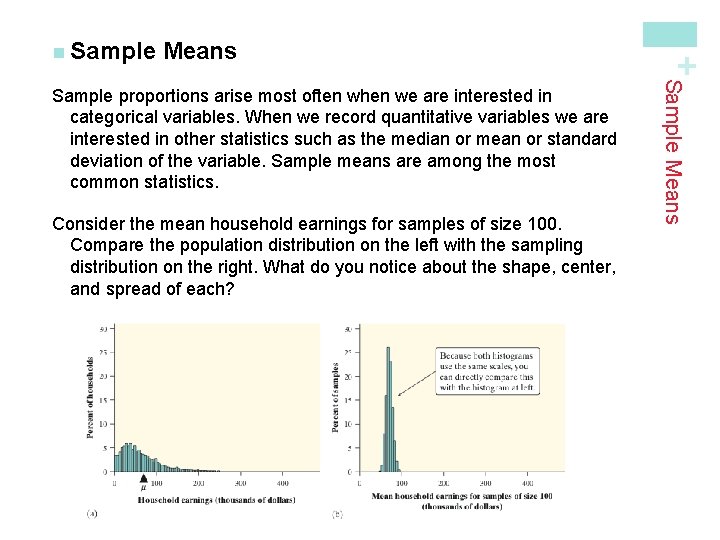 Means Consider the mean household earnings for samples of size 100. Compare the population