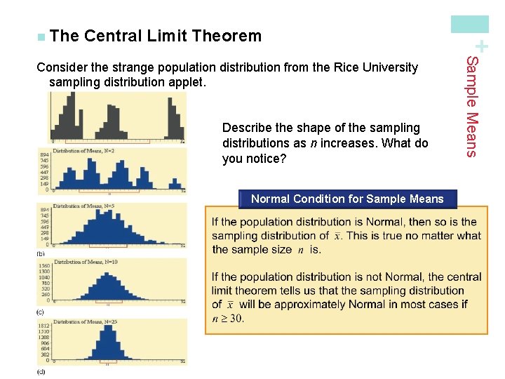 Central Limit Theorem Describe the shape of the sampling distributions as n increases. What Central Limit Theorem Describe the shape of the sampling distributions as n increases. What