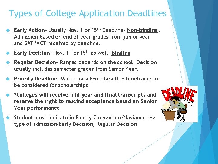 Types of College Application Deadlines Early Action- Usually Nov. 1 or 15 th Deadline-