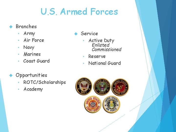 U. S. Armed Forces Branches • • • Army Air Force Navy Marines Coast