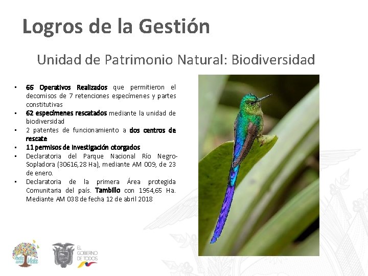 Logros de la Gestión Unidad de Patrimonio Natural: Biodiversidad • • • 66 Operativos