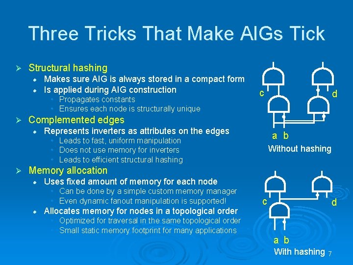 Three Tricks That Make AIGs Tick Ø Structural hashing l l Makes sure AIG