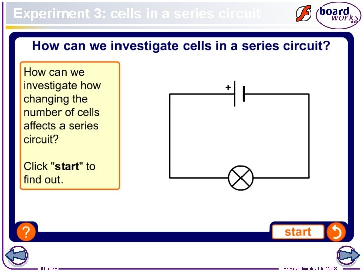 Experiment 3: cells in a series circuit 19 of 38 © Boardworks Ltd 2008