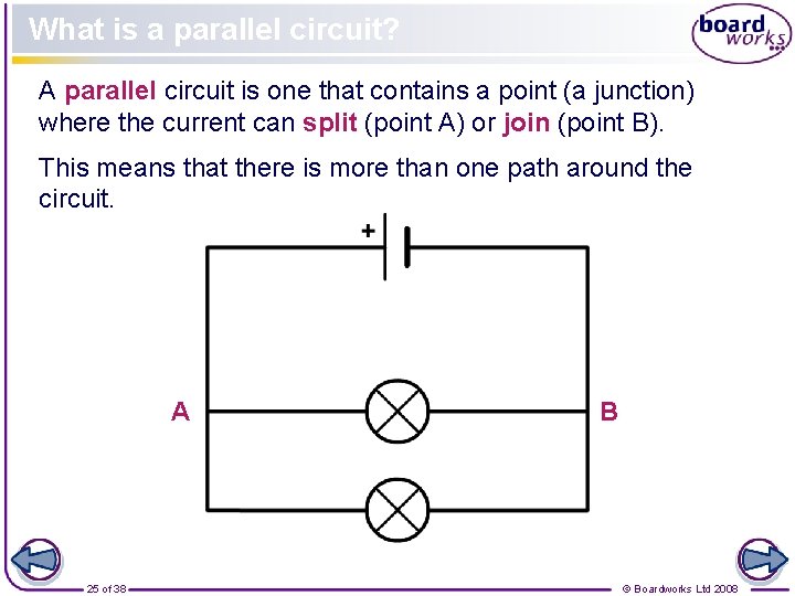 What is a parallel circuit? A parallel circuit is one that contains a point