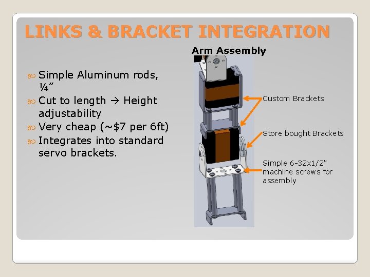 LINKS & BRACKET INTEGRATION Arm Assembly Simple Aluminum rods, ¼” Cut to length Height