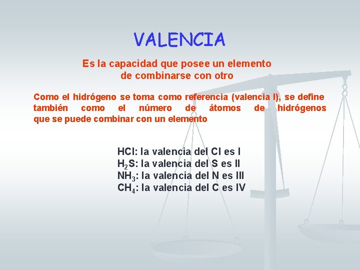 VALENCIA Es la capacidad que posee un elemento de combinarse con otro Como el VALENCIA Es la capacidad que posee un elemento de combinarse con otro Como el