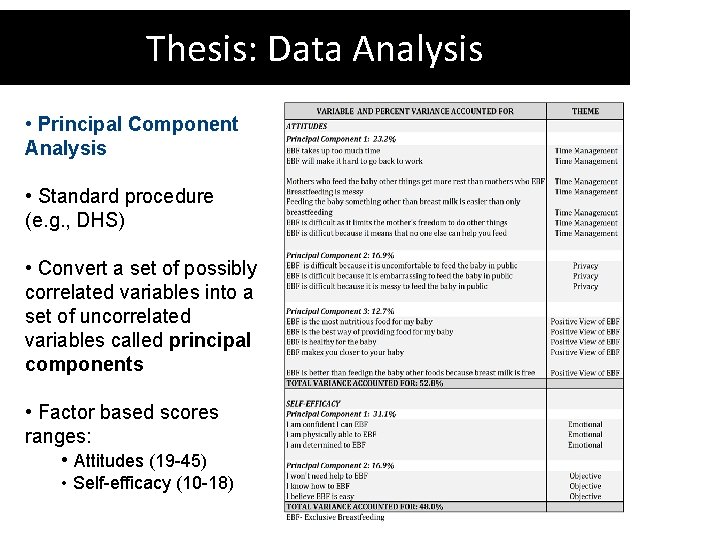 Thesis: Data Analysis • Principal Component Analysis • Standard procedure (e. g. , DHS)