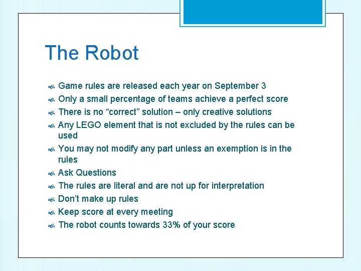 The Robot Game rules are released each year on September 3 Only a small