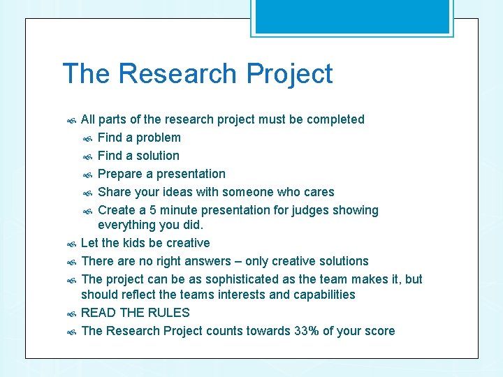 The Research Project All parts of the research project must be completed Find a