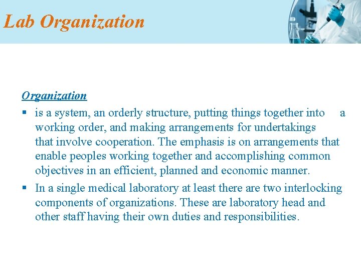 Lab Organization § is a system, an orderly structure, putting things together into a