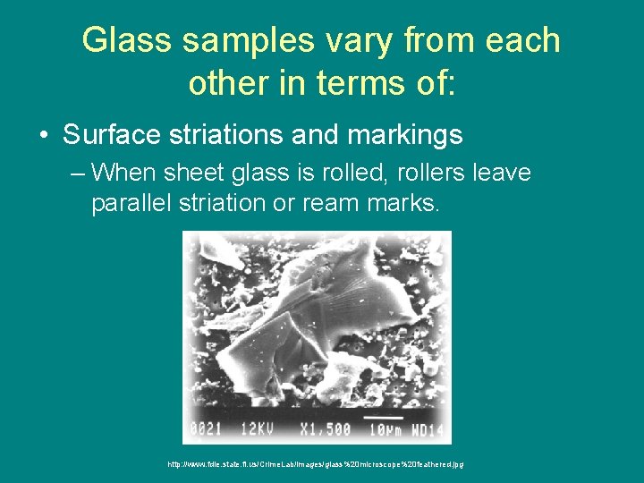 Glass samples vary from each other in terms of: • Surface striations and markings