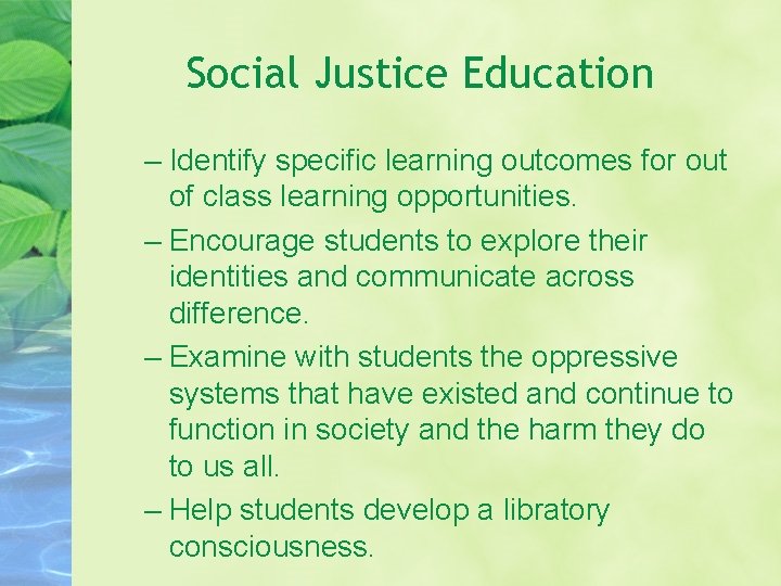 Social Justice Education – Identify specific learning outcomes for out of class learning opportunities.