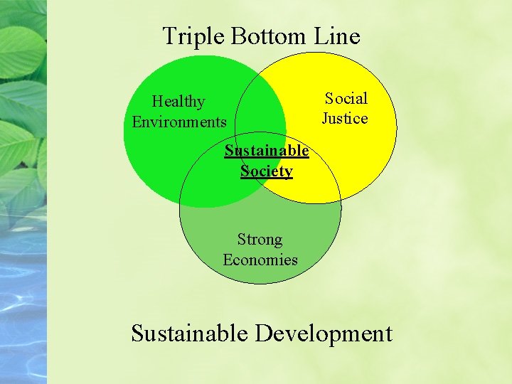 Triple Bottom Line Healthy Environments Social Justice Sustainable Society Strong Economies Sustainable Development 