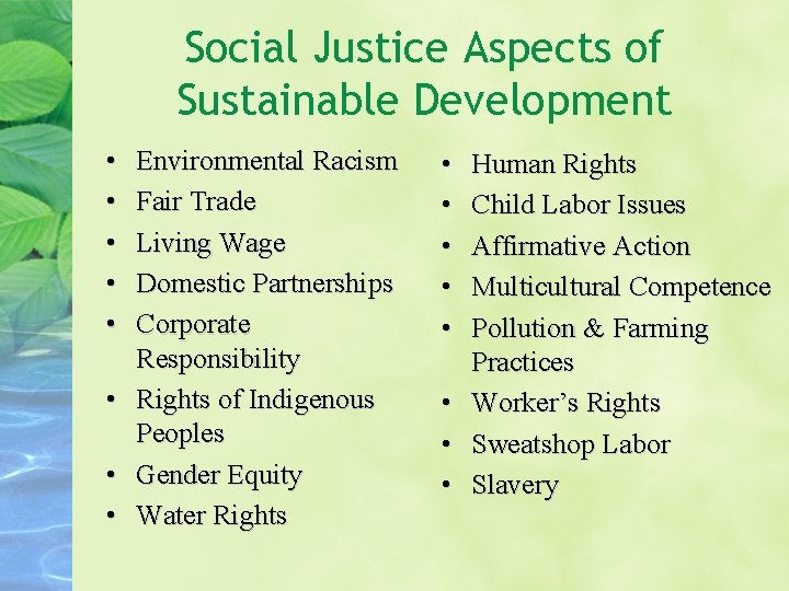 Social Justice Aspects of Sustainable Development • • Environmental Racism Fair Trade Living Wage